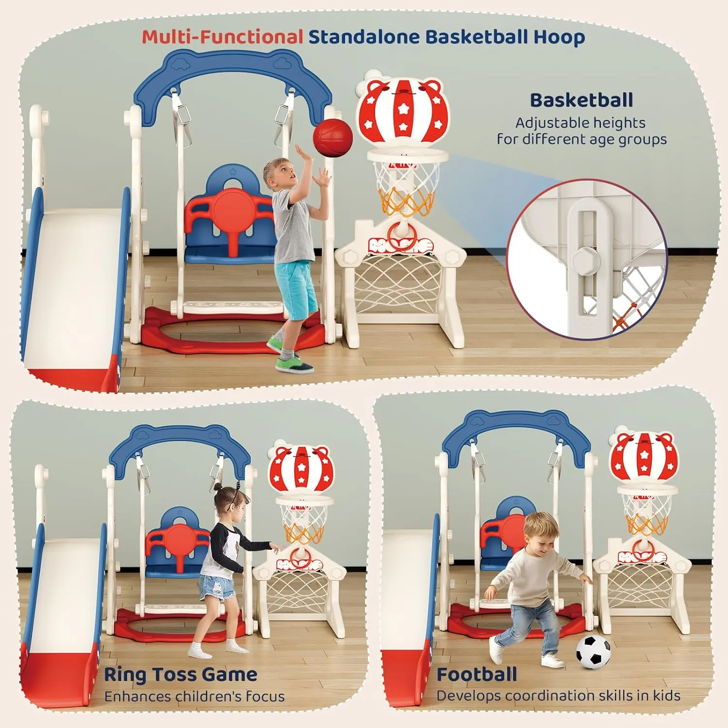 Toddler Slide, 6 in 1 Toddler Playset - Upgrade with Kids Slide, Swing, Soccer and Ring Toss for Age 1-3, Indoor and Outdoor Playground