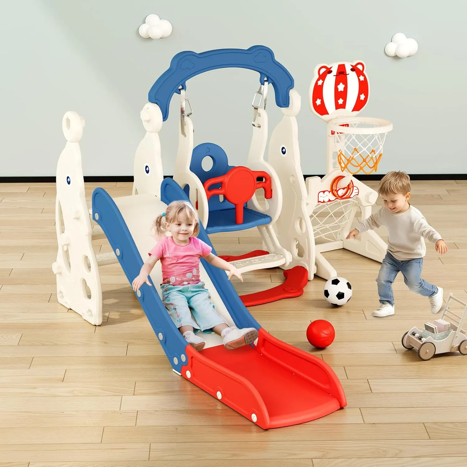 Toddler Slide, 6 in 1 Toddler Playset - Upgrade with Kids Slide, Swing, Soccer and Ring Toss for Age 1-3, Indoor and Outdoor Playground