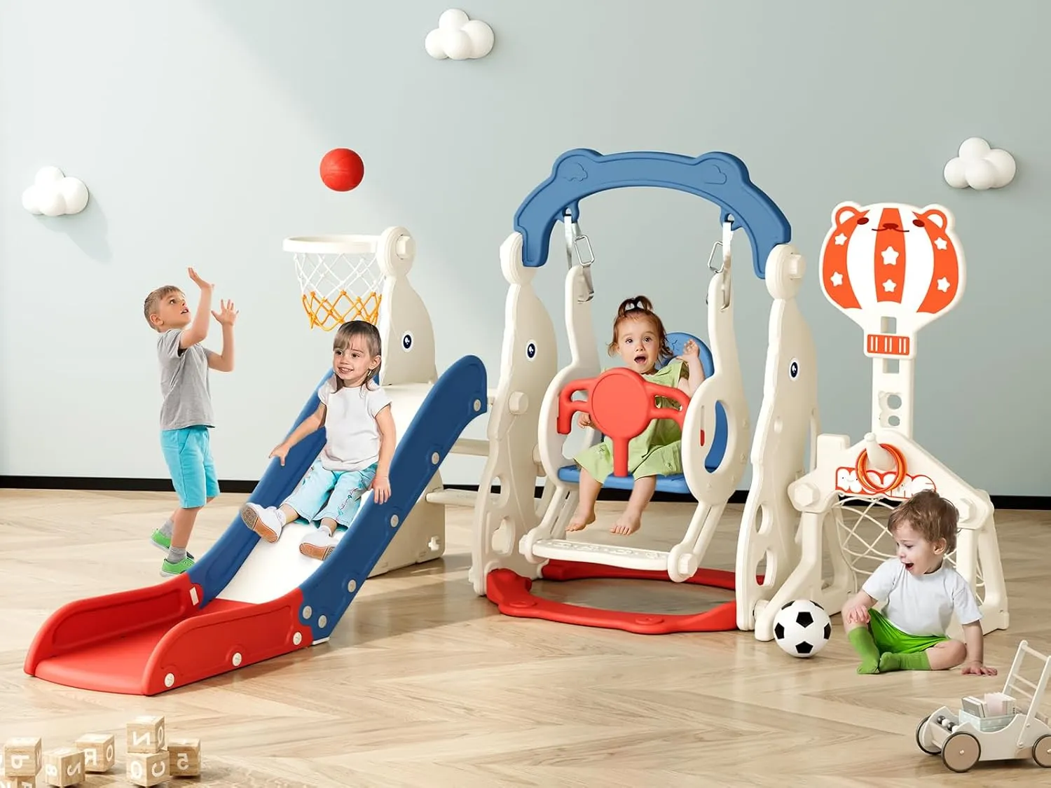 Toddler Slide, 6 in 1 Toddler Playset - Upgrade with Kids Slide, Swing, Soccer and Ring Toss for Age 1-3, Indoor and Outdoor Playground