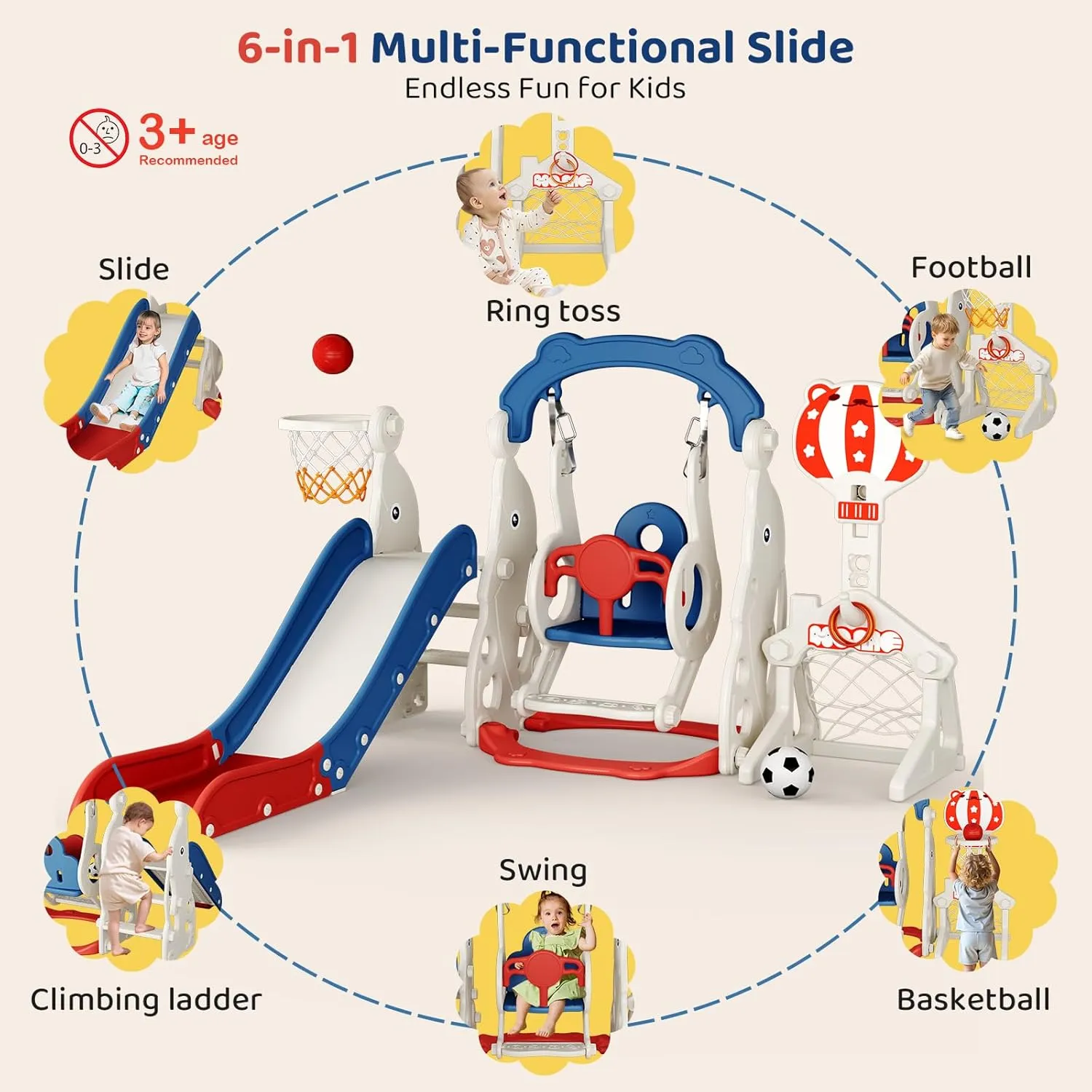 Toddler Slide, 6 in 1 Toddler Playset - Upgrade with Kids Slide, Swing, Soccer and Ring Toss for Age 1-3, Indoor and Outdoor Playground
