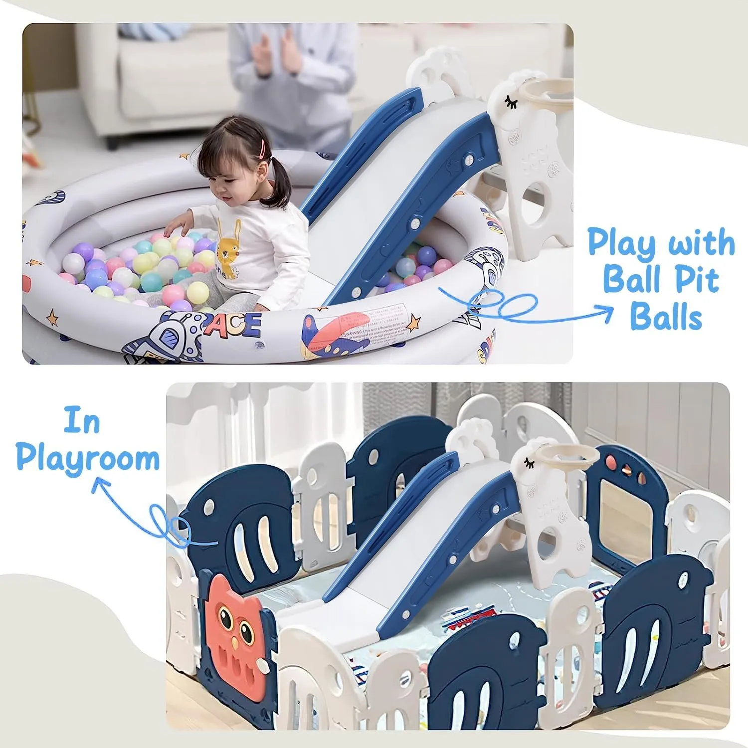Toddler Slide for Kids Indoor Baby with Climber Ball Pit Slide in Pearl White Kids Indoor Freestanding Playset with Basketball Hoop