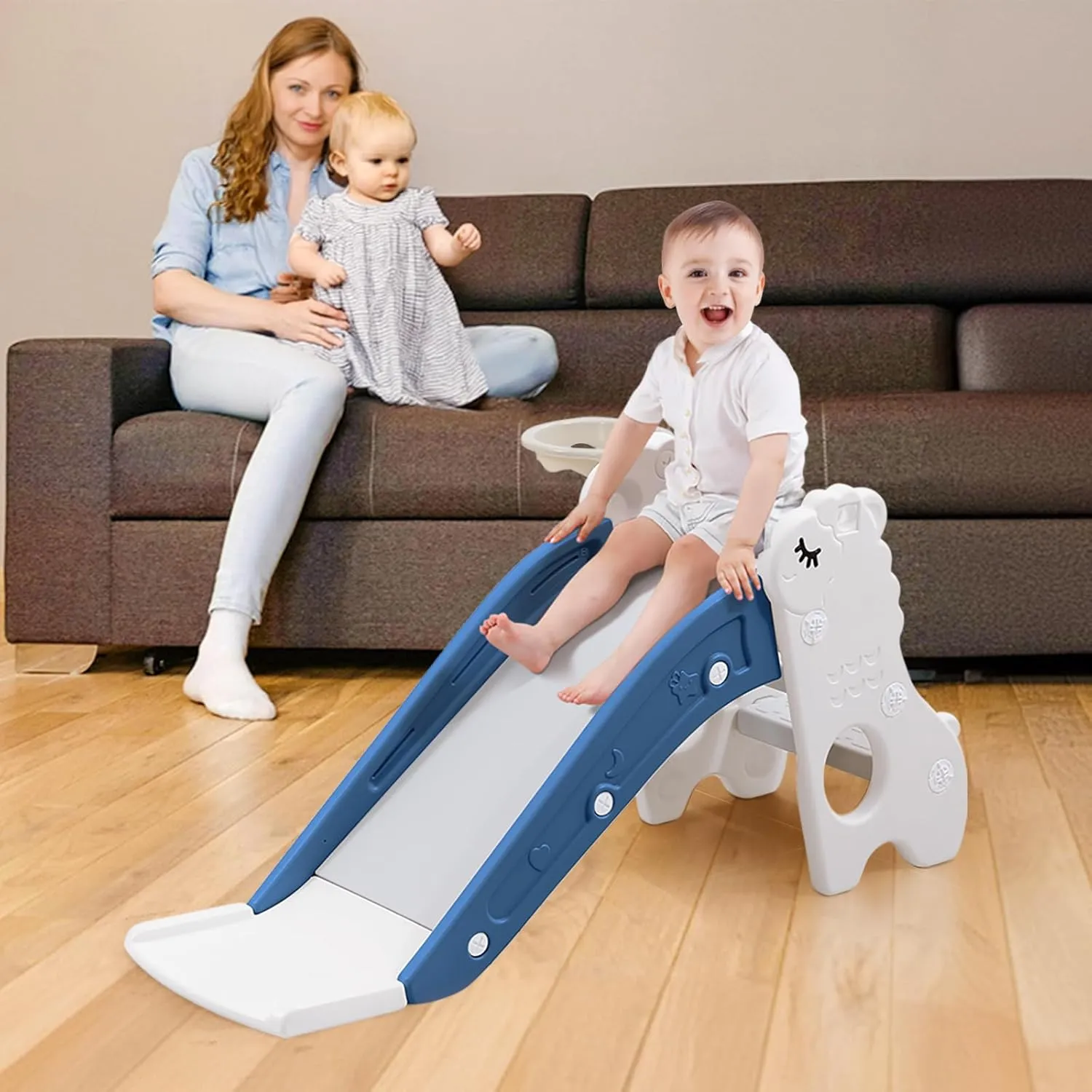 Toddler Slide for Kids Indoor Baby with Climber Ball Pit Slide in Pearl White Kids Indoor Freestanding Playset with Basketball Hoop