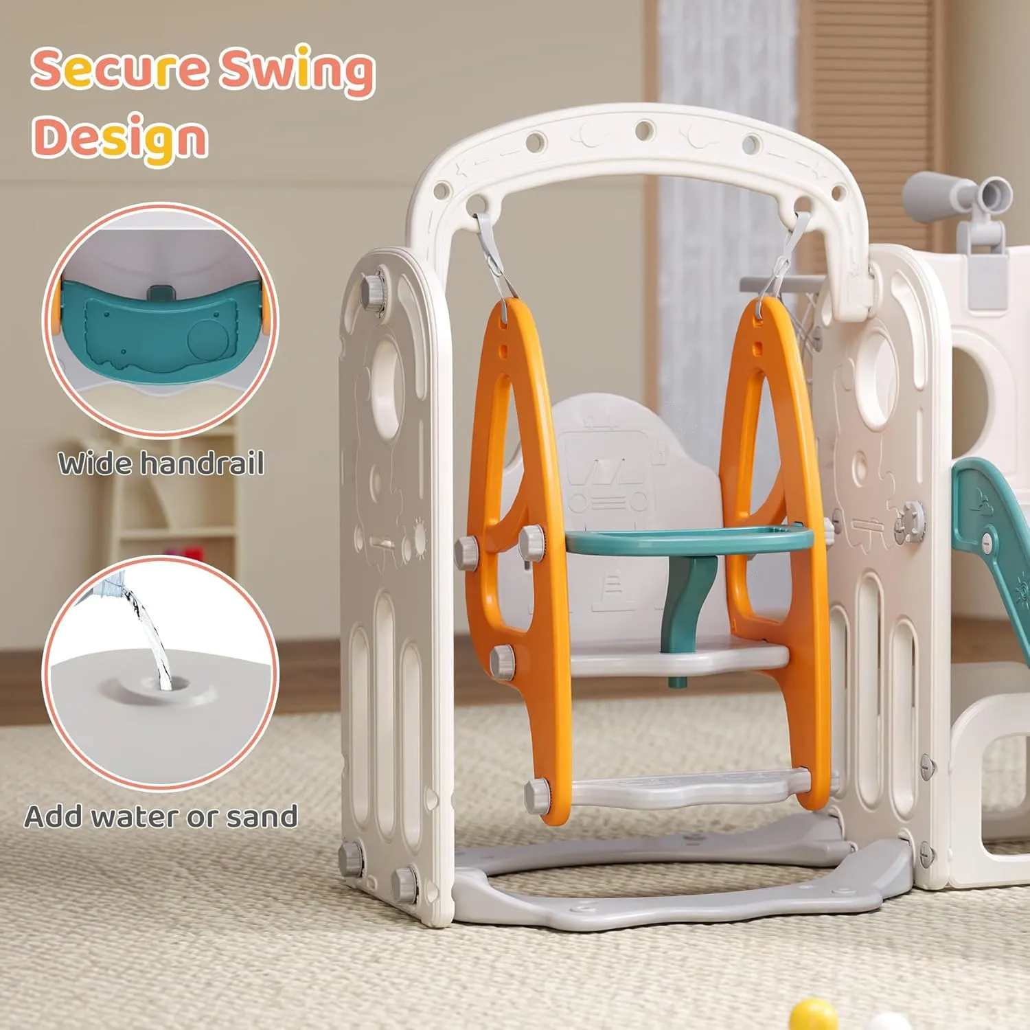 Toddler Slide, Swing and Slide for Toddlers Kids with Basketball Hoop Telescope Indoor Outdoor Slide Playset Playground