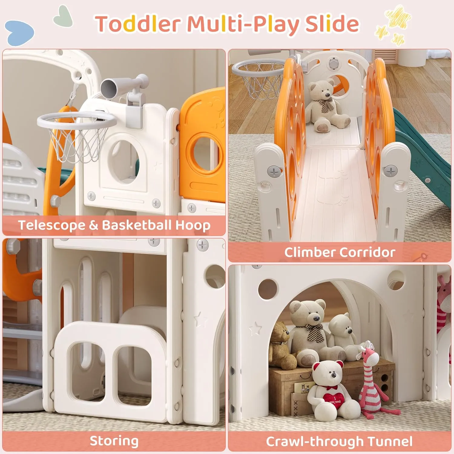 Toddler Slide, Swing and Slide for Toddlers Kids with Basketball Hoop Telescope Indoor Outdoor Slide Playset Playground