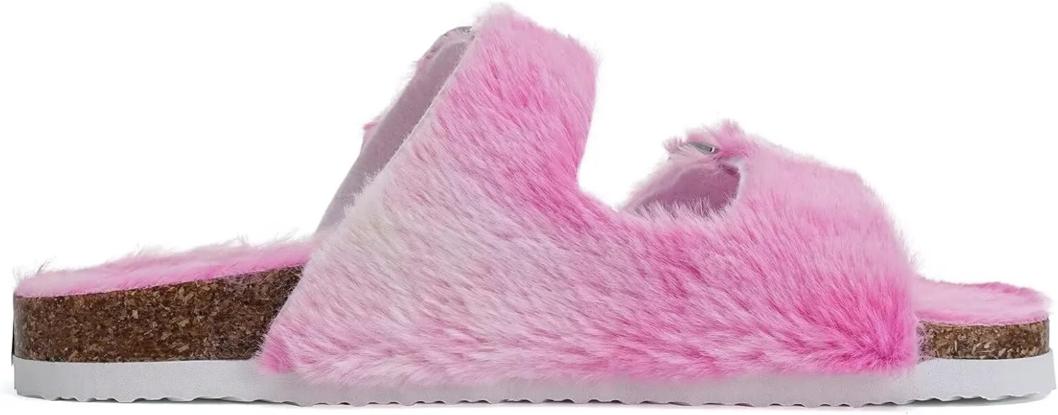 Torotto Kids Open Toe Slippers Boys Girls Fluffy Furry Warm Cork Slide Sandals with Adjustable Buckle for Indoor & Outdoor