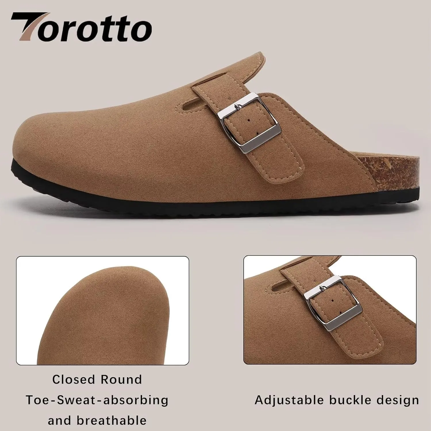 Torotto Womens Clogs Cork Footbed Suede Slippers Arch Support Potato Shoes with Adjustable Buckle
