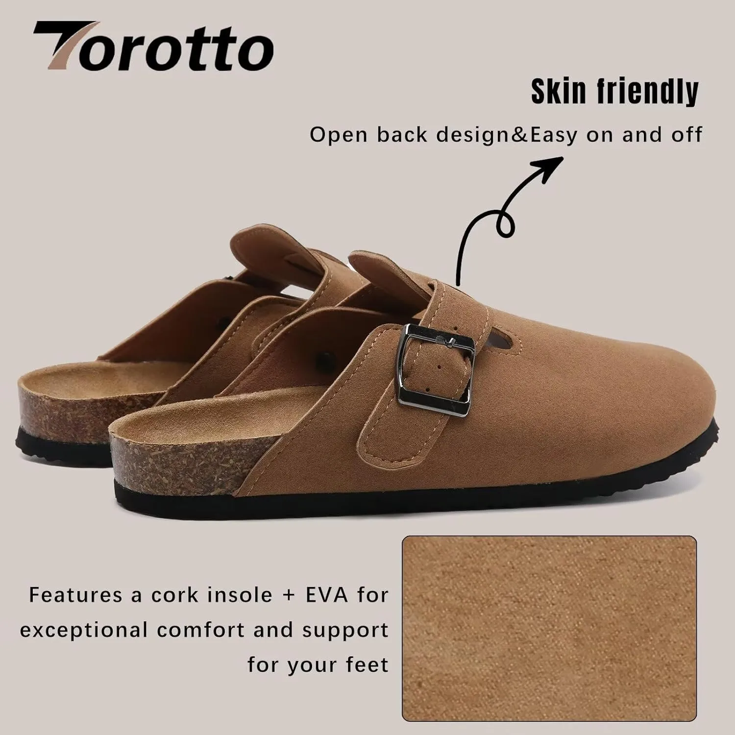 Torotto Womens Clogs Cork Footbed Suede Slippers Arch Support Potato Shoes with Adjustable Buckle