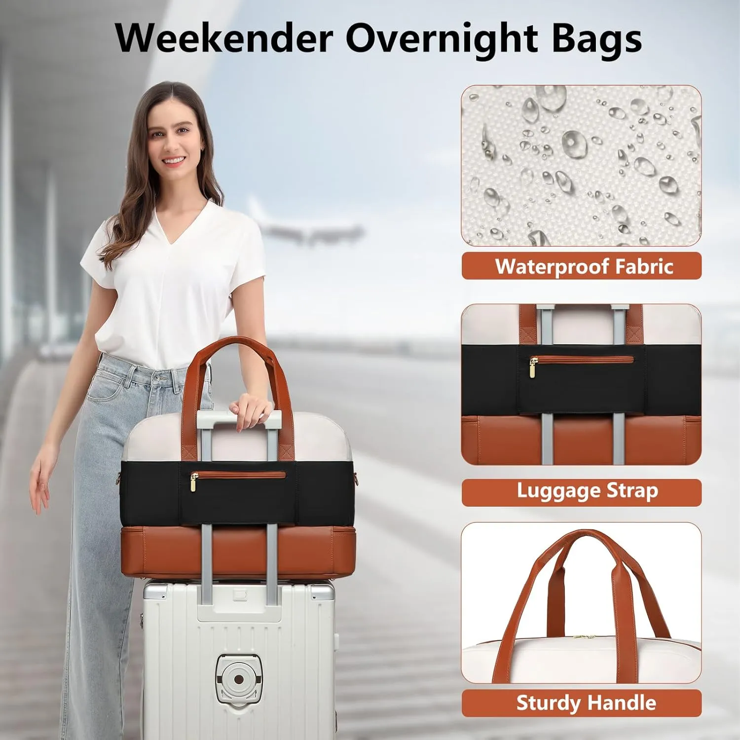 Travel Duffle Weekender Bag Women: Large Carry on Bags with Shoe Compartment Overnight Weekend Duffel Bag Womens Mom Hospital Gym Travel Bags for Labor and Delivery White-Black-Brown