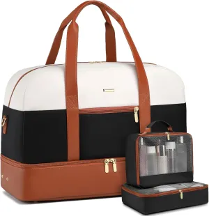Travel Duffle Weekender Bag Women: Large Carry on Bags with Shoe Compartment Overnight Weekend Duffel Bag Womens Mom Hospital Gym Travel Bags for Labor and Delivery White-Black-Brown