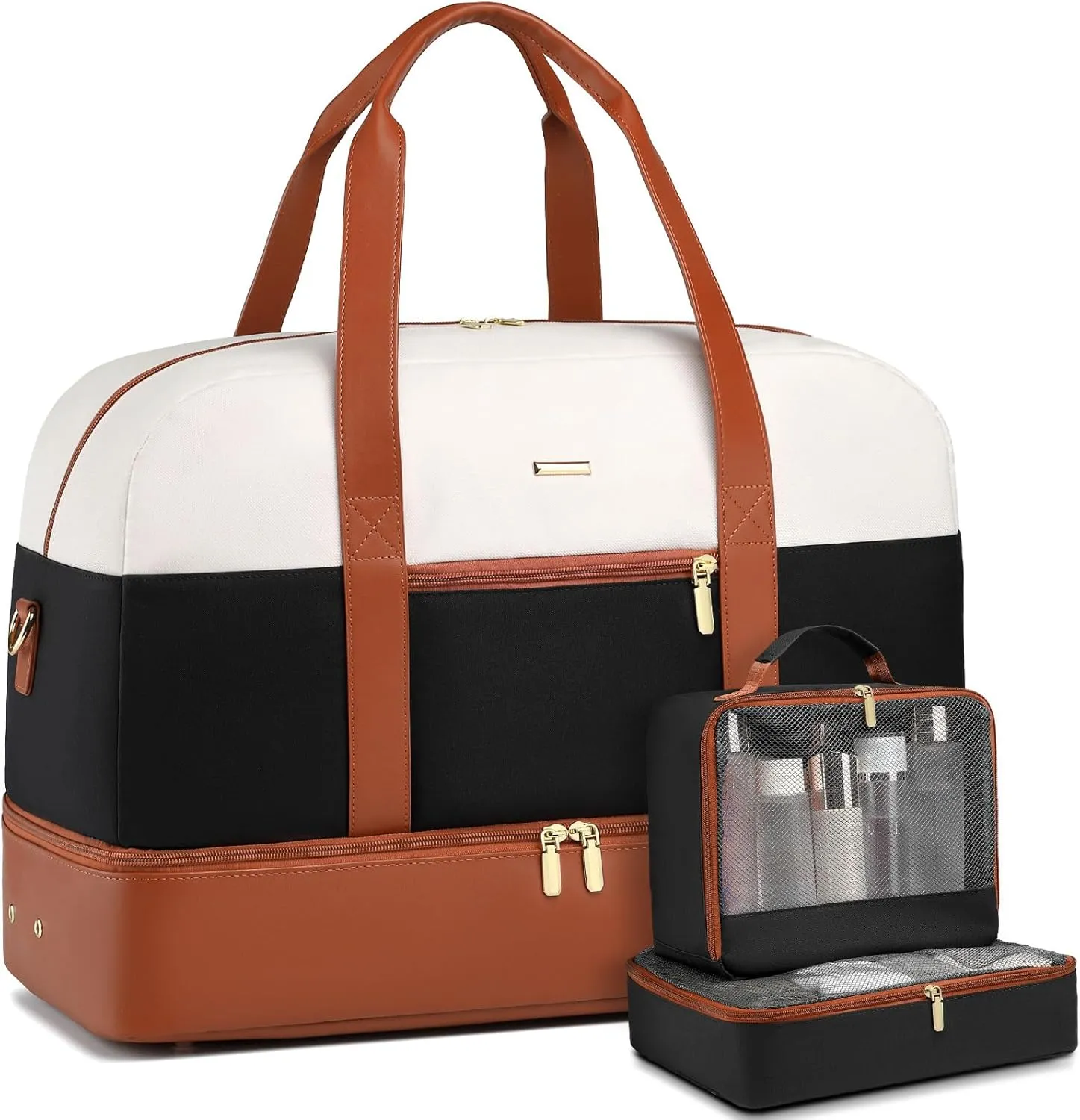 Travel Duffle Weekender Bag Women: Large Carry on Bags with Shoe Compartment Overnight Weekend Duffel Bag Womens Mom Hospital Gym Travel Bags for Labor and Delivery White-Black-Brown