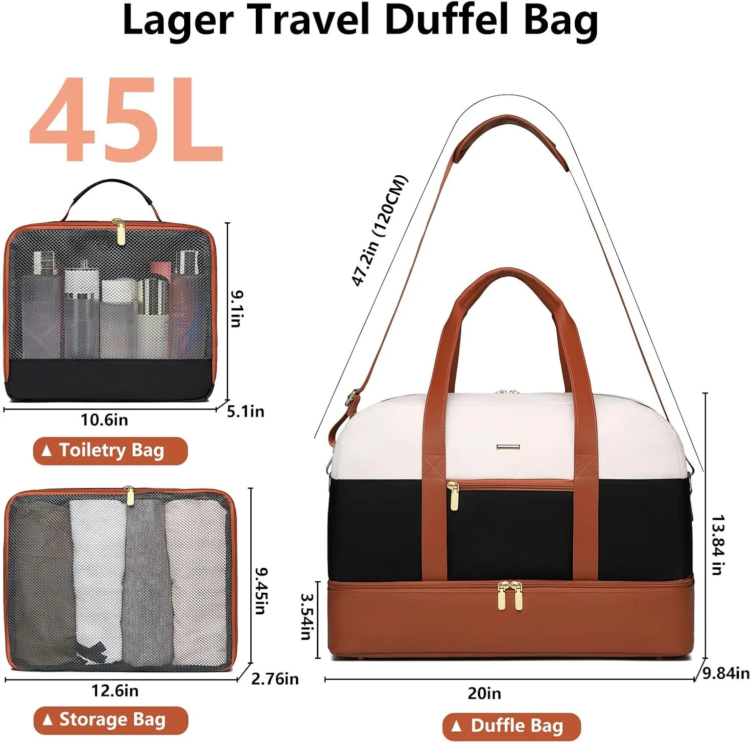 Travel Duffle Weekender Bag Women: Large Carry on Bags with Shoe Compartment Overnight Weekend Duffel Bag Womens Mom Hospital Gym Travel Bags for Labor and Delivery White-Black-Brown