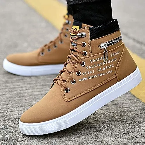 Trendy British Style High-top Canvas Sneakers for Men - Lace-up Design, Casual and All-match, with Zipper Decoration