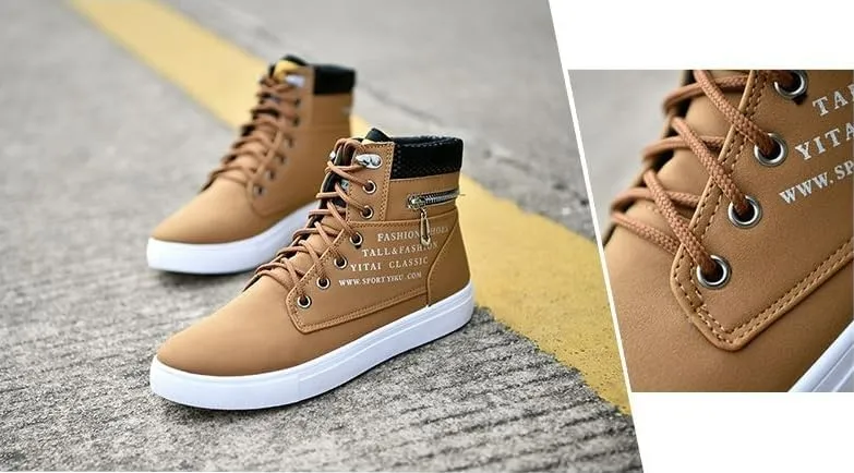 Trendy British Style High-top Canvas Sneakers for Men - Lace-up Design, Casual and All-match, with Zipper Decoration