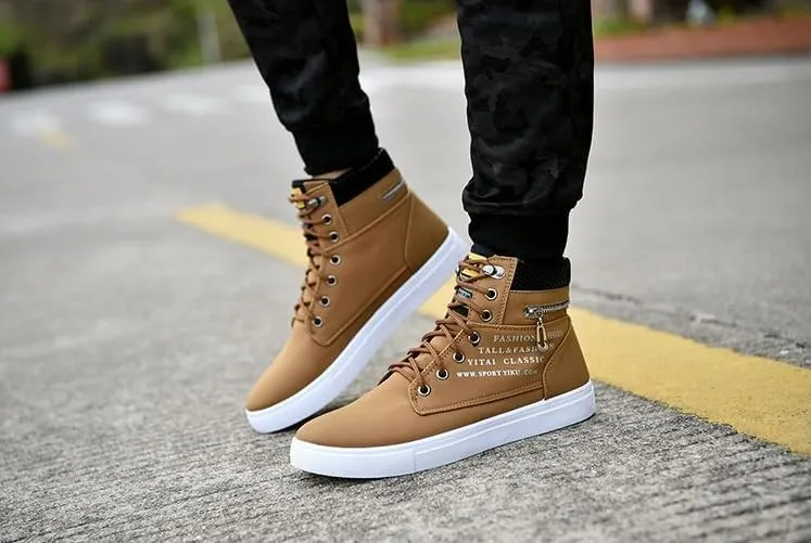 Trendy British Style High-top Canvas Sneakers for Men - Lace-up Design, Casual and All-match, with Zipper Decoration