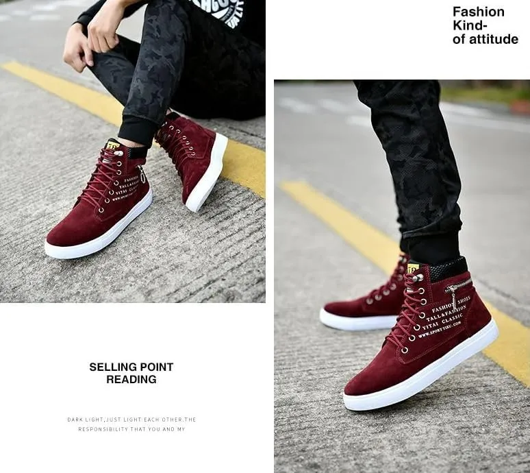 Trendy British Style High-top Canvas Sneakers for Men - Lace-up Design, Casual and All-match, with Zipper Decoration