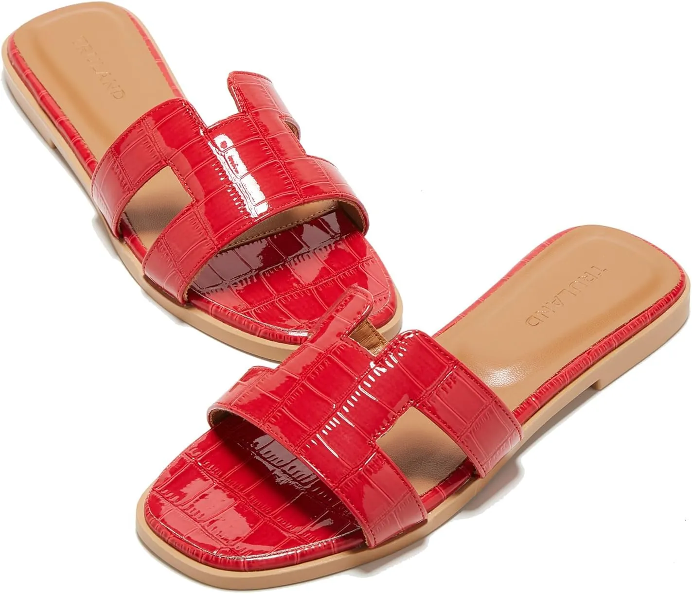 TRULAND H Strap Flat Slide Sandals for Women - Cute Fashion Open Square Toe Summer Dressy Sandals