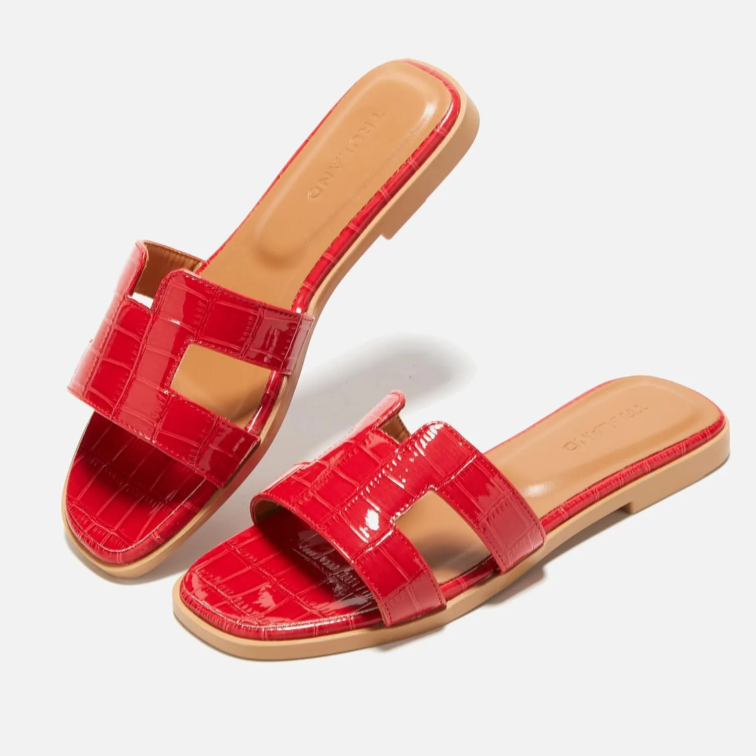 TRULAND H Strap Flat Slide Sandals for Women - Cute Fashion Open Square Toe Summer Dressy Sandals