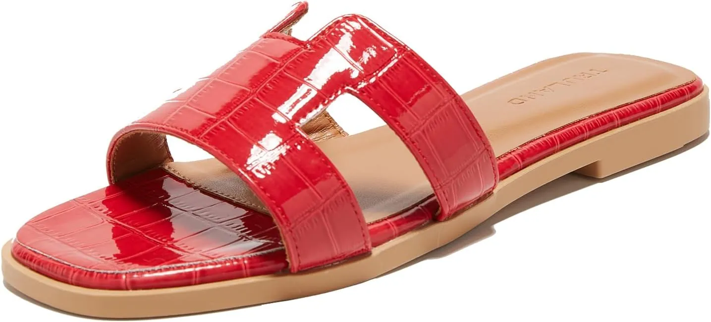 TRULAND H Strap Flat Slide Sandals for Women - Cute Fashion Open Square Toe Summer Dressy Sandals
