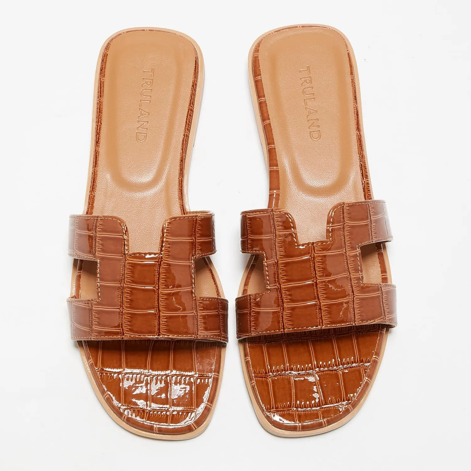 TRULAND H Strap Flat Slide Sandals for Women - Cute Fashion Open Square Toe Summer Dressy Sandals
