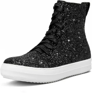 UBWDU Women's High Top Glitter Tennis Sneaker Platform Sneaker with Zipper Rhinestone Bling Wedding Bridal Shoes Shiny Sequin Shoes
