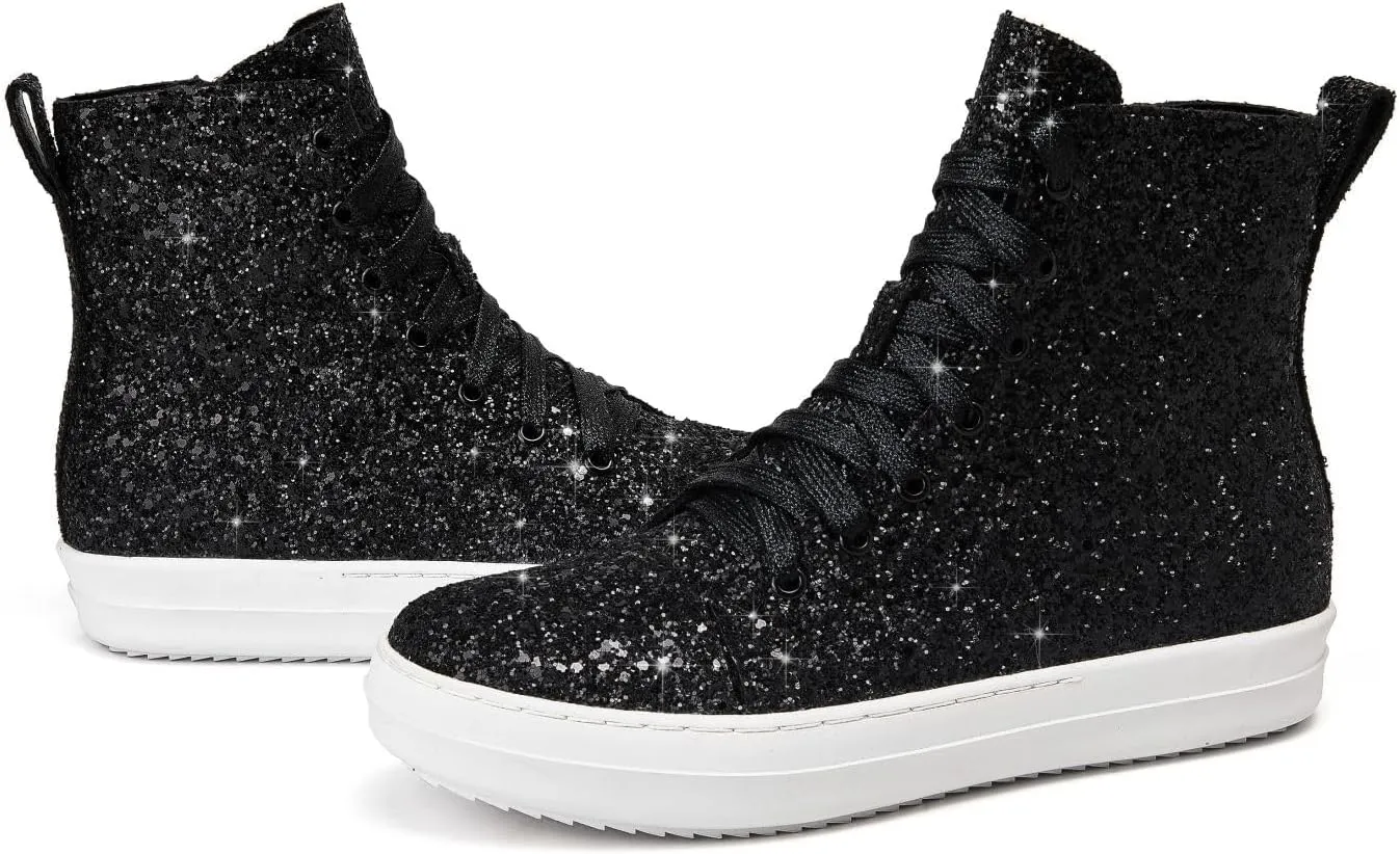 UBWDU Women's High Top Glitter Tennis Sneaker Platform Sneaker with Zipper Rhinestone Bling Wedding Bridal Shoes Shiny Sequin Shoes
