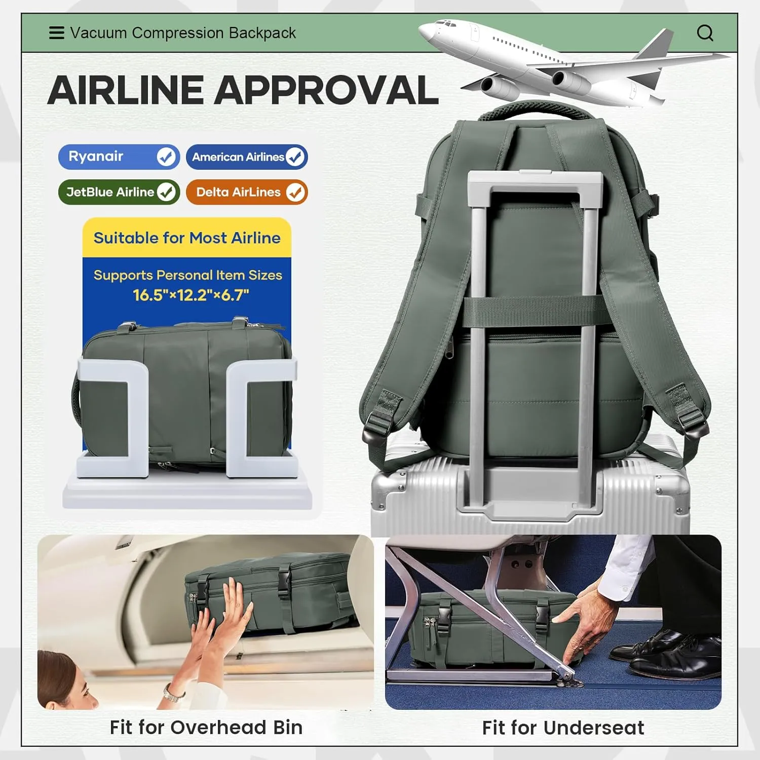 Vacuum Travel Backpack for Women Men Carry on Backpack Luggage Flight Approved Personal item Travel Bag Essentials With Wet and Dry Separation Bag Olive Green