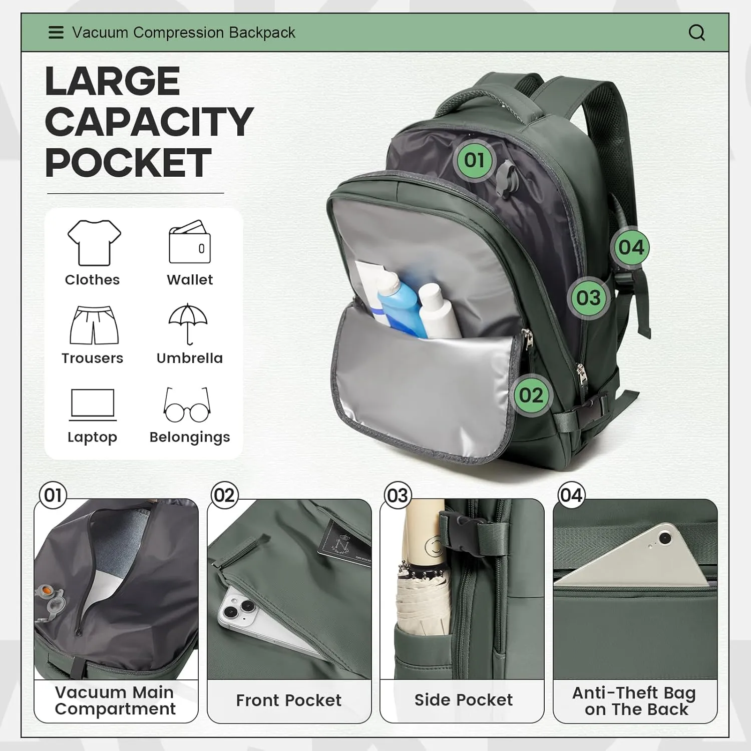 Vacuum Travel Backpack for Women Men Carry on Backpack Luggage Flight Approved Personal item Travel Bag Essentials With Wet and Dry Separation Bag Olive Green