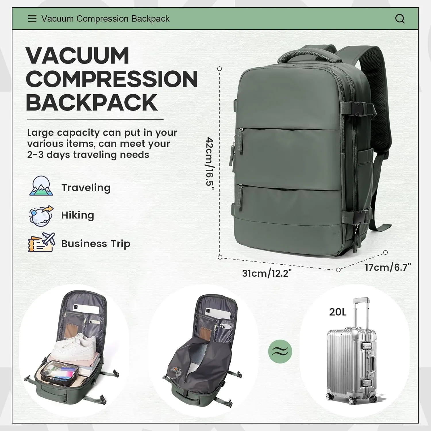 Vacuum Travel Backpack for Women Men Carry on Backpack Luggage Flight Approved Personal item Travel Bag Essentials With Wet and Dry Separation Bag Olive Green