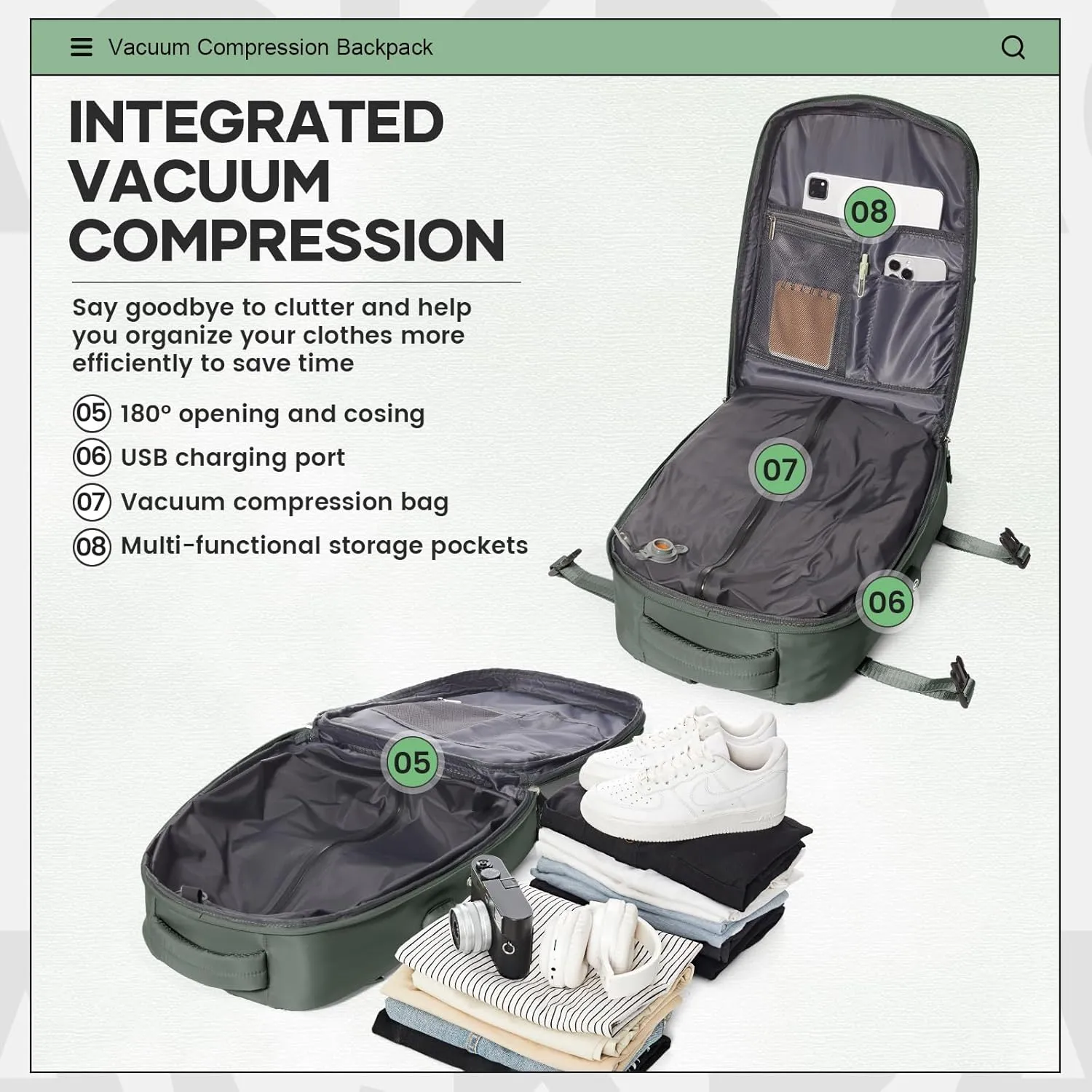 Vacuum Travel Backpack for Women Men Carry on Backpack Luggage Flight Approved Personal item Travel Bag Essentials With Wet and Dry Separation Bag Olive Green