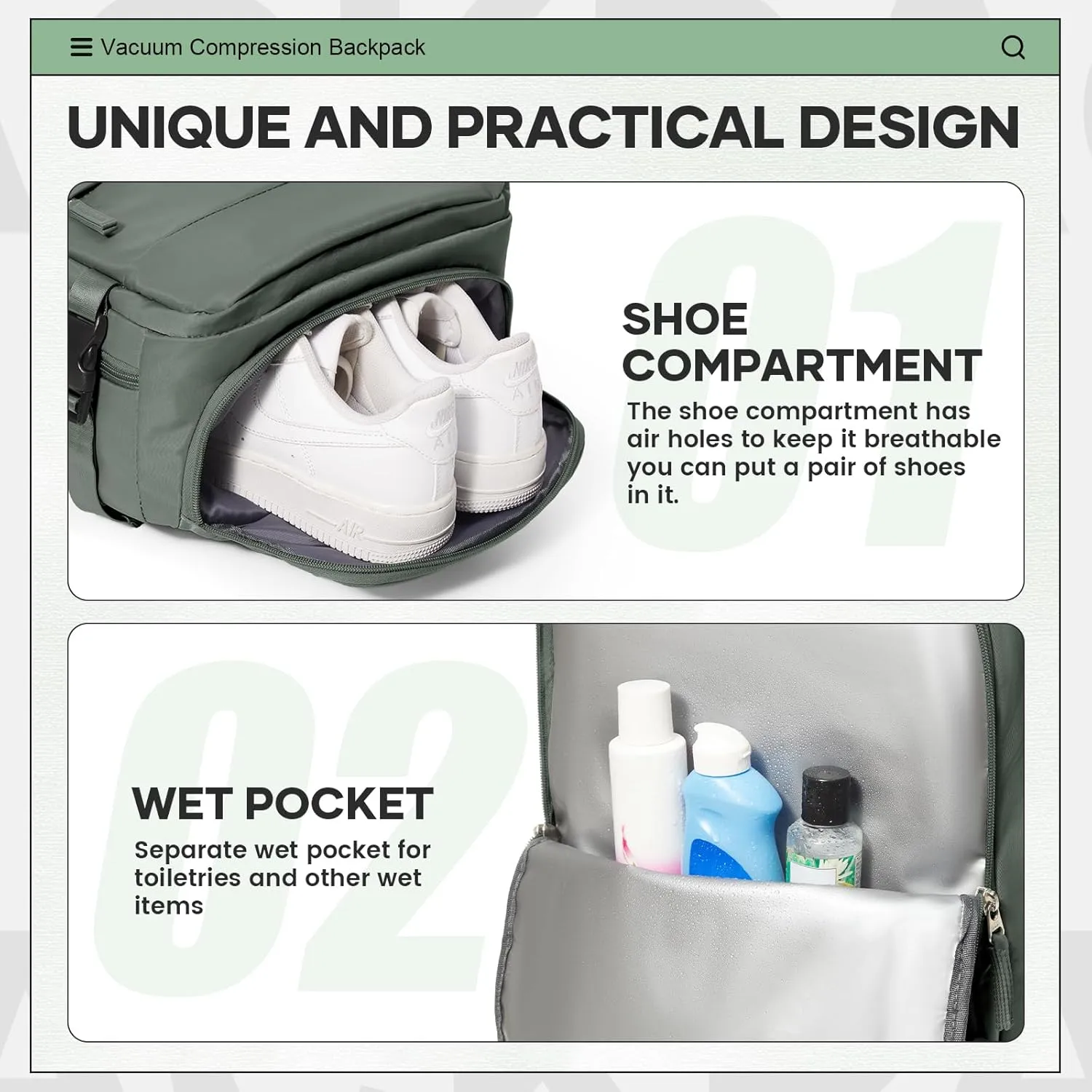 Vacuum Travel Backpack for Women Men Carry on Backpack Luggage Flight Approved Personal item Travel Bag Essentials With Wet and Dry Separation Bag Olive Green