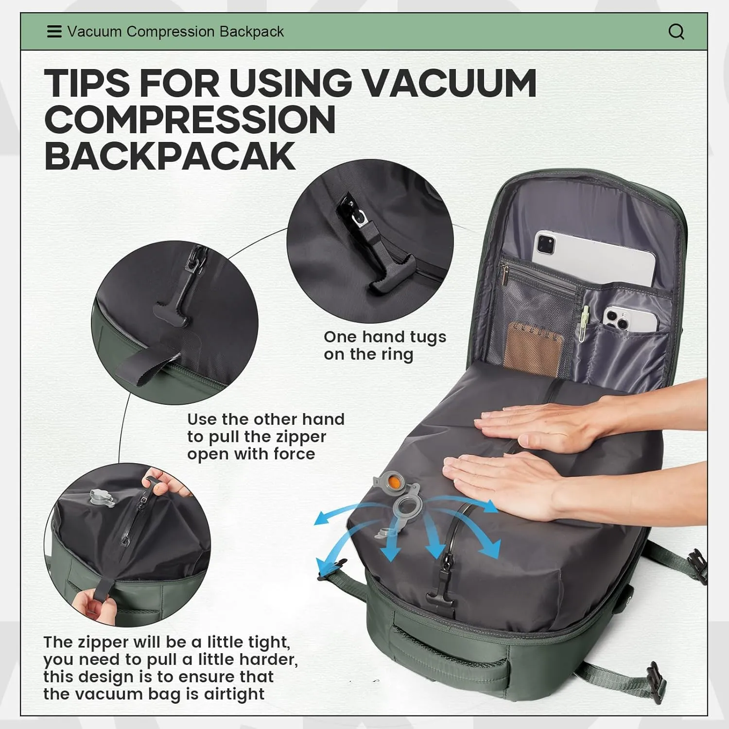 Vacuum Travel Backpack for Women Men Carry on Backpack Luggage Flight Approved Personal item Travel Bag Essentials With Wet and Dry Separation Bag Olive Green