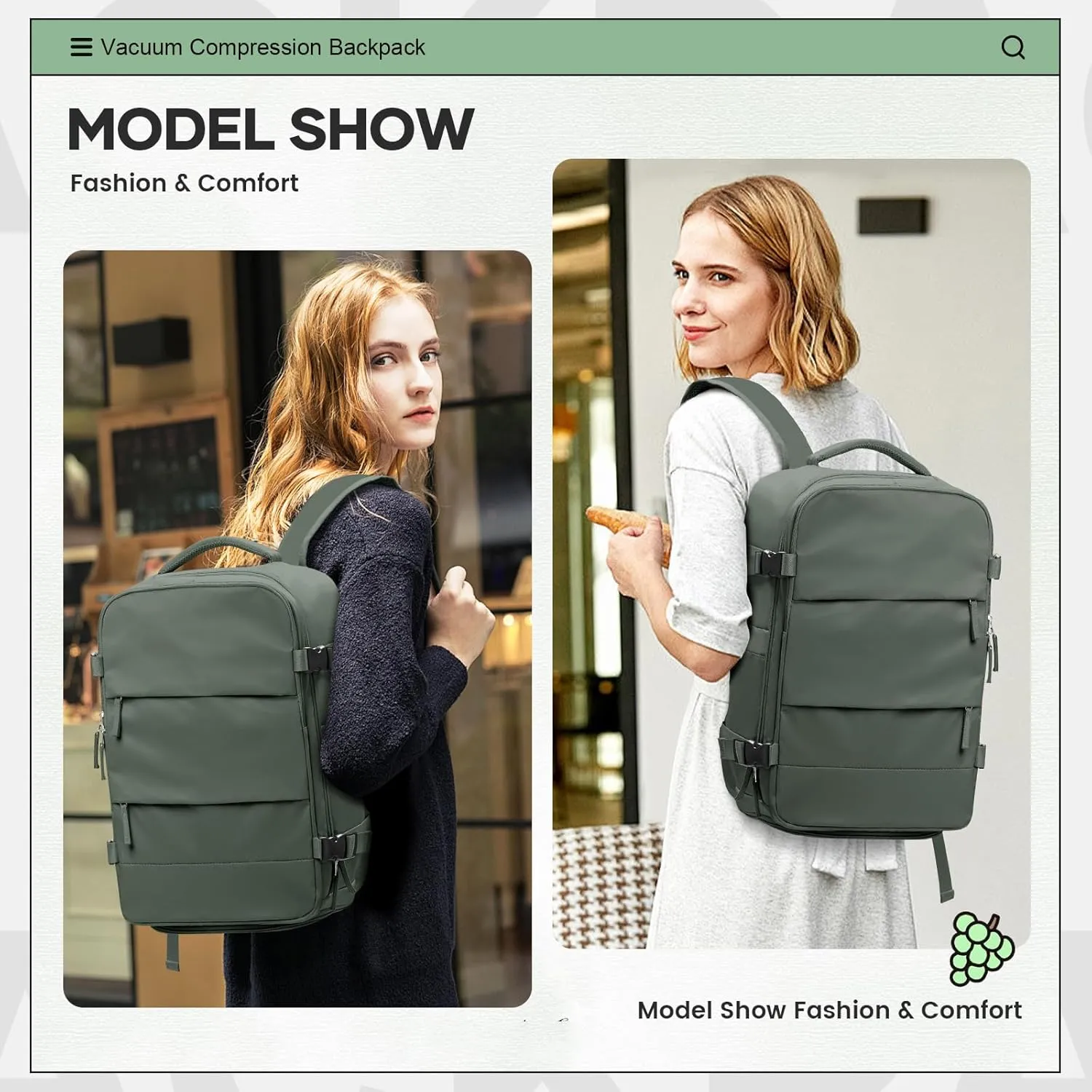 Vacuum Travel Backpack for Women Men Carry on Backpack Luggage Flight Approved Personal item Travel Bag Essentials With Wet and Dry Separation Bag Olive Green