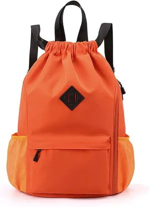 Valleycomfy Waterproof Drawstring Gym Backpack Bag for Men & Women,Sports Gym Bag with Side Pocket Orange