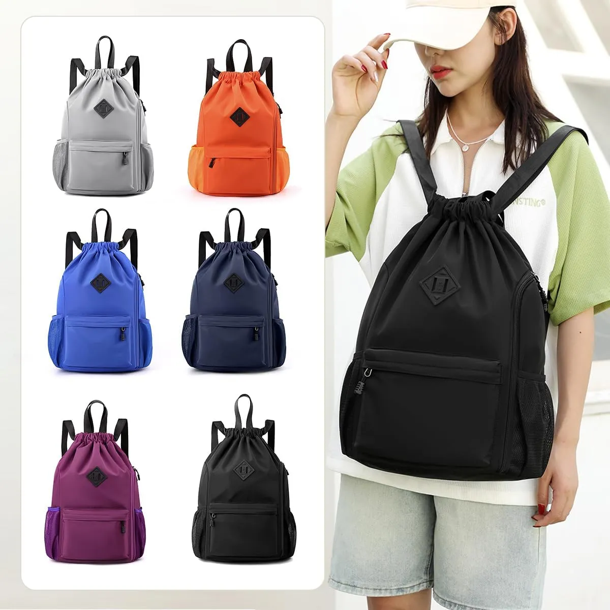 Valleycomfy Waterproof Drawstring Gym Backpack Bag for Men & Women,Sports Gym Bag with Side Pocket Orange