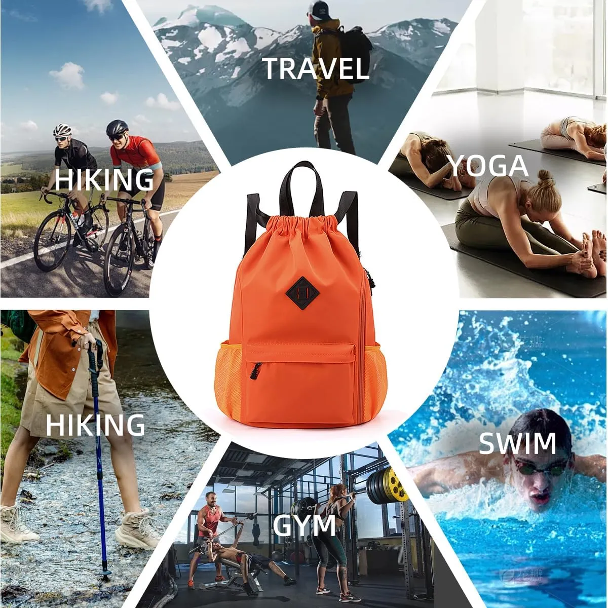 Valleycomfy Waterproof Drawstring Gym Backpack Bag for Men & Women,Sports Gym Bag with Side Pocket Orange