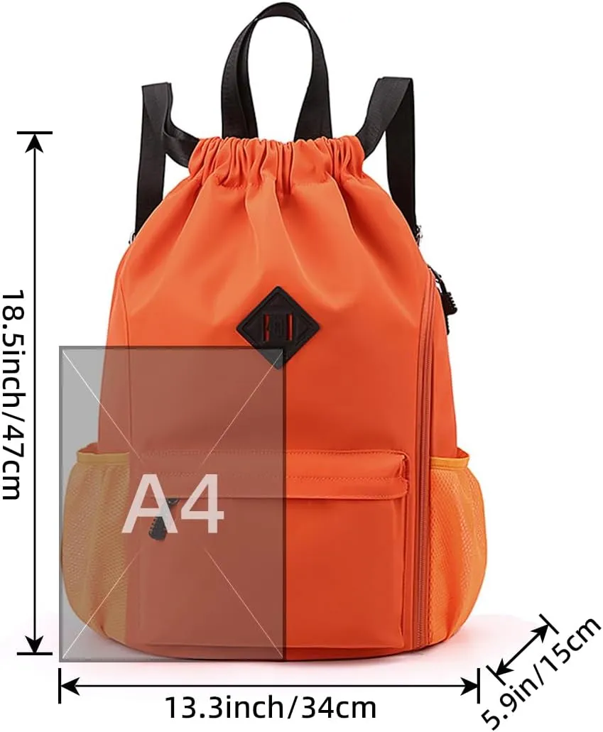 Valleycomfy Waterproof Drawstring Gym Backpack Bag for Men & Women,Sports Gym Bag with Side Pocket Orange