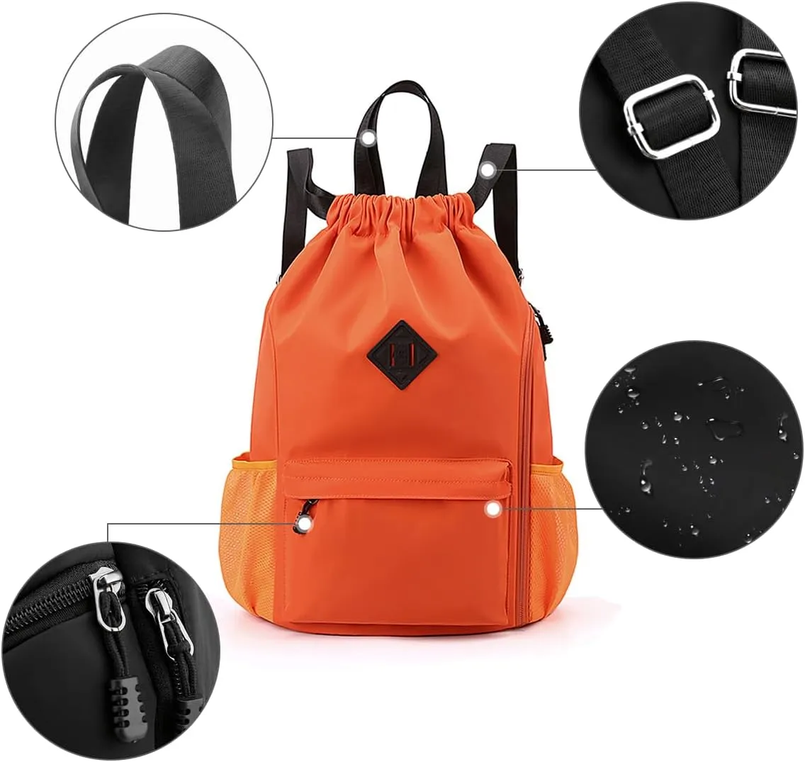 Valleycomfy Waterproof Drawstring Gym Backpack Bag for Men & Women,Sports Gym Bag with Side Pocket Orange