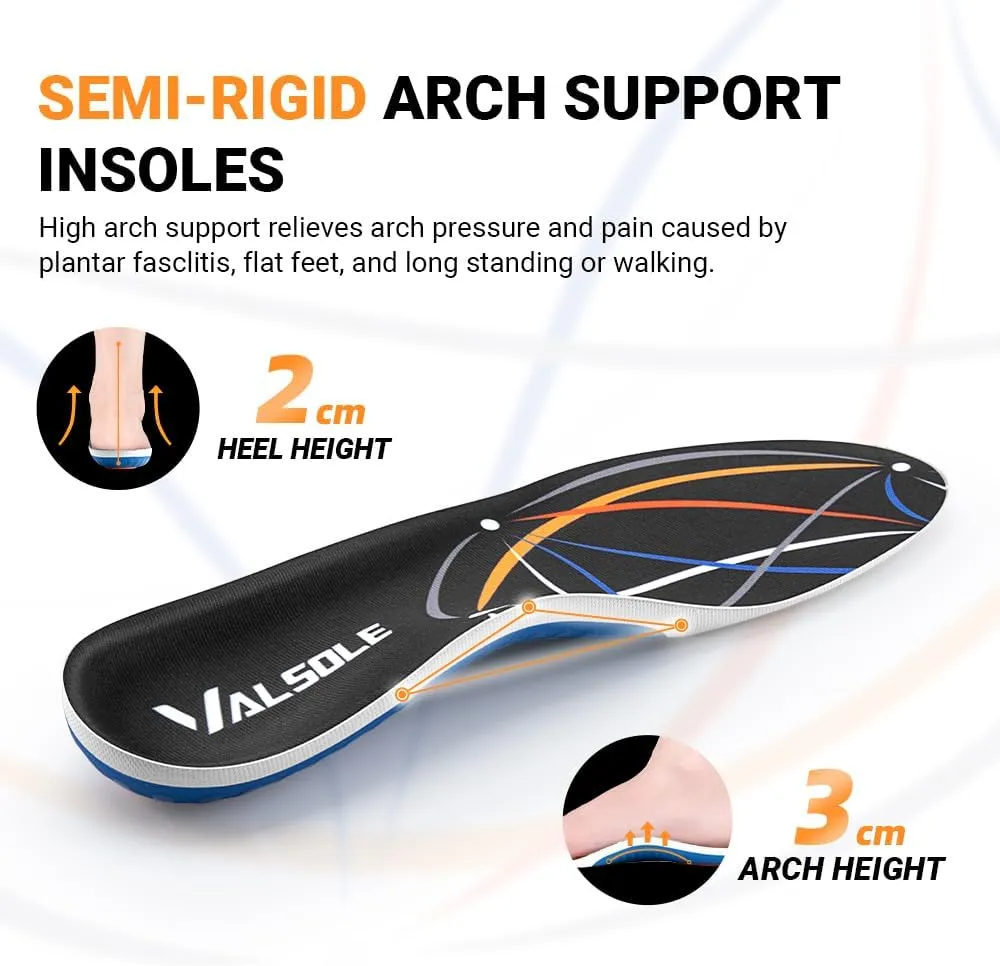 Valsole Plantar Fasciitis Insoles High Arch Support Inserts Orthotic Insoles for Flat Feet Women Men Heavy Duty Support Work Boots Insoles for Standing All Day
