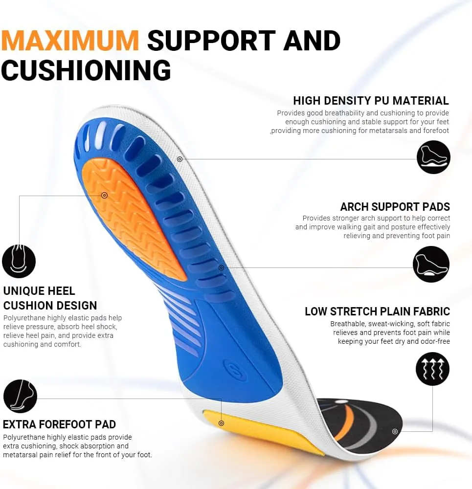 Valsole Plantar Fasciitis Insoles High Arch Support Inserts Orthotic Insoles for Flat Feet Women Men Heavy Duty Support Work Boots Insoles for Standing All Day