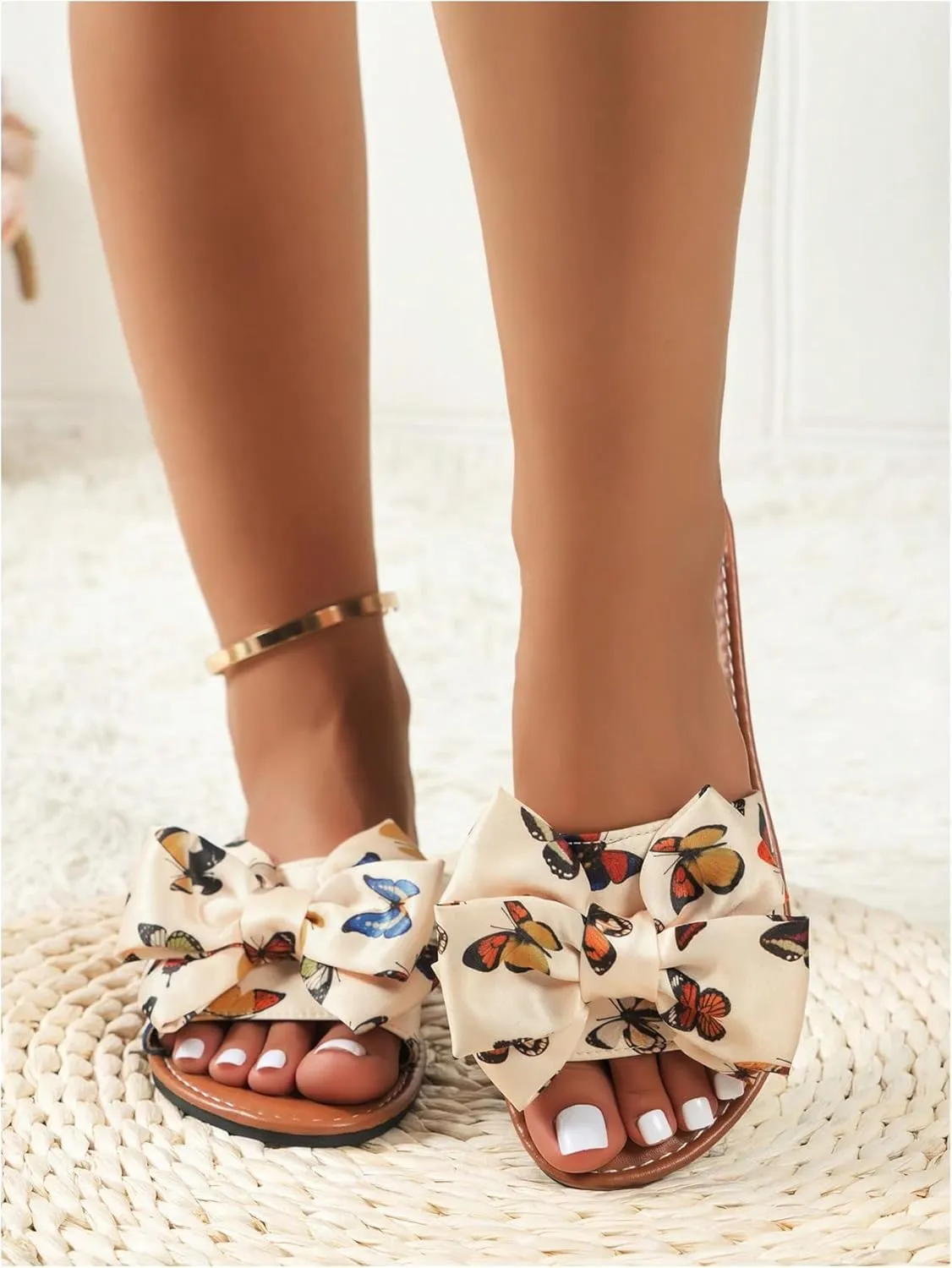 Verdusa Women's 3D Bow Leather Flat Sandals Slip on Open Toe Summer Slippers