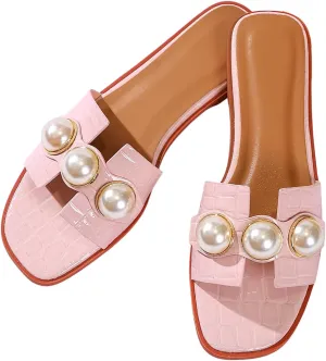 Verdusa Women's Flat Sandals Pearl Sandals Square Toe Summer Slip On Flat Shoes