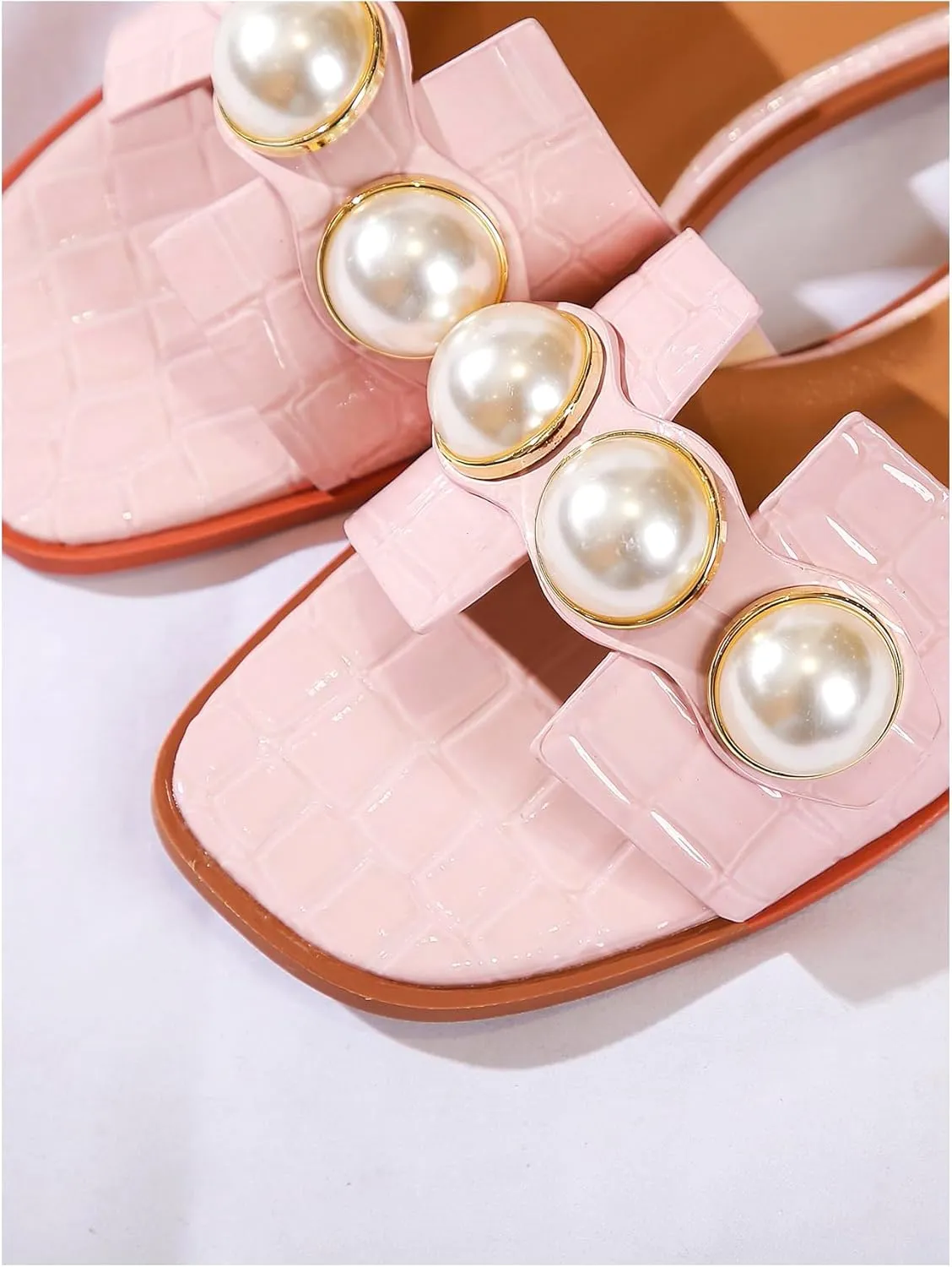 Verdusa Women's Flat Sandals Pearl Sandals Square Toe Summer Slip On Flat Shoes