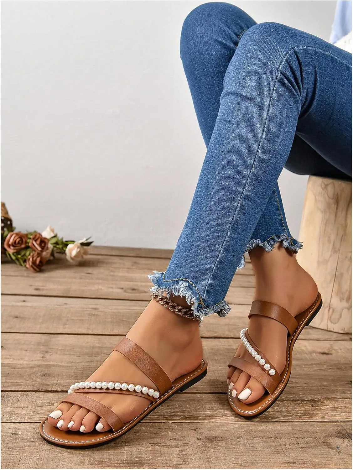 Verdusa Women's Pearls Braided Flat Sandals Open Toe Slip On Beach Slides