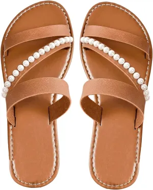 Verdusa Women's Pearls Braided Flat Sandals Open Toe Slip On Beach Slides