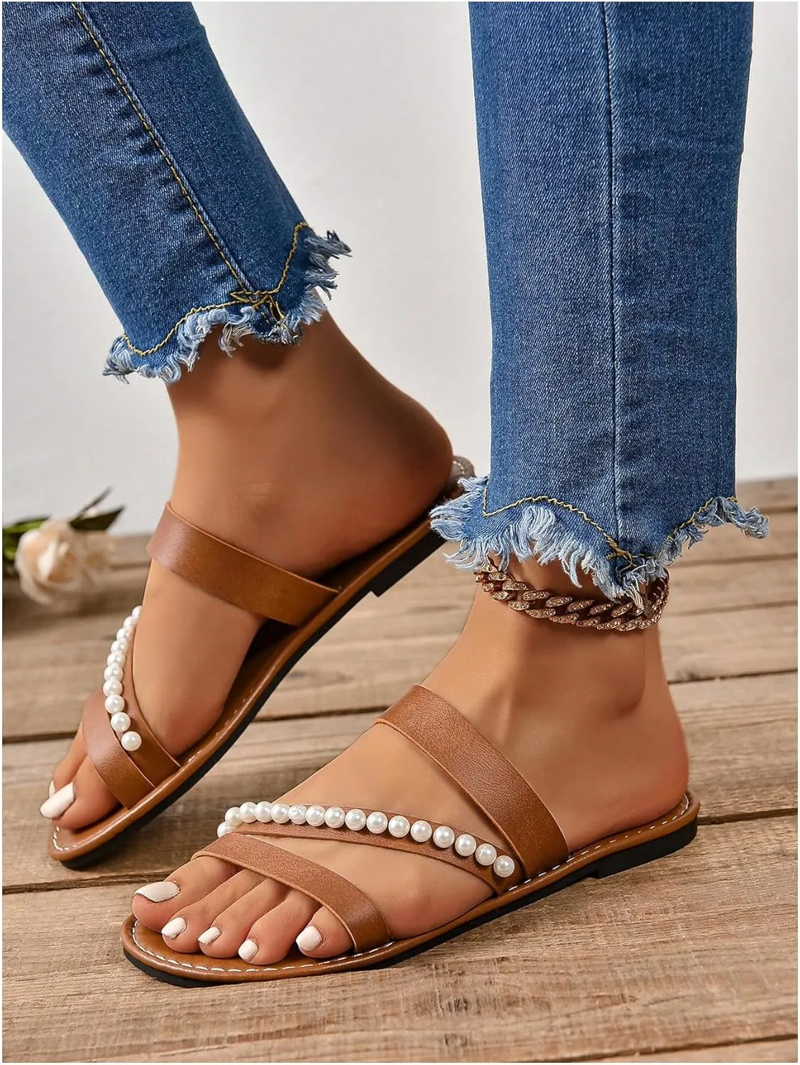 Verdusa Women's Pearls Braided Flat Sandals Open Toe Slip On Beach Slides