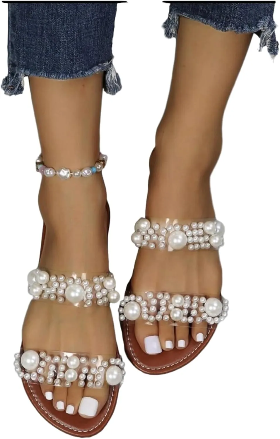 Verdusa Women's Pearls Clear Flat Sandals Open Toe Slip On Slides