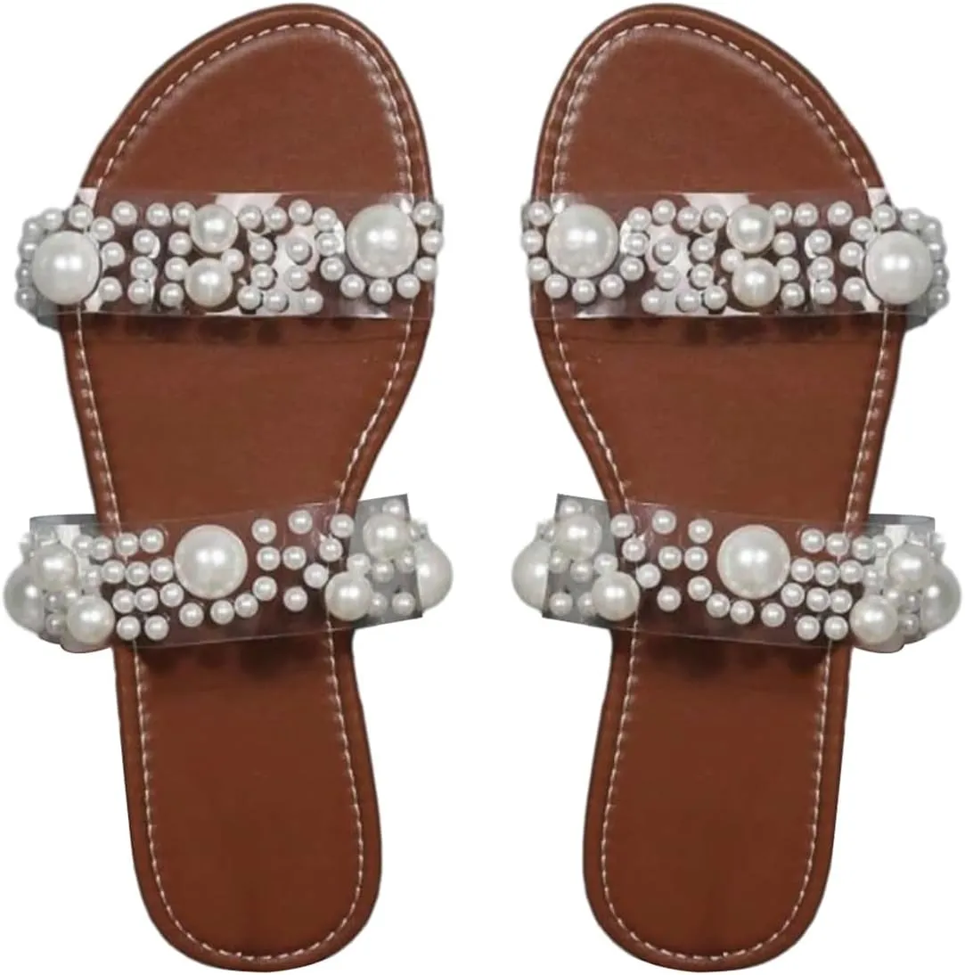 Verdusa Women's Pearls Clear Flat Sandals Open Toe Slip On Slides
