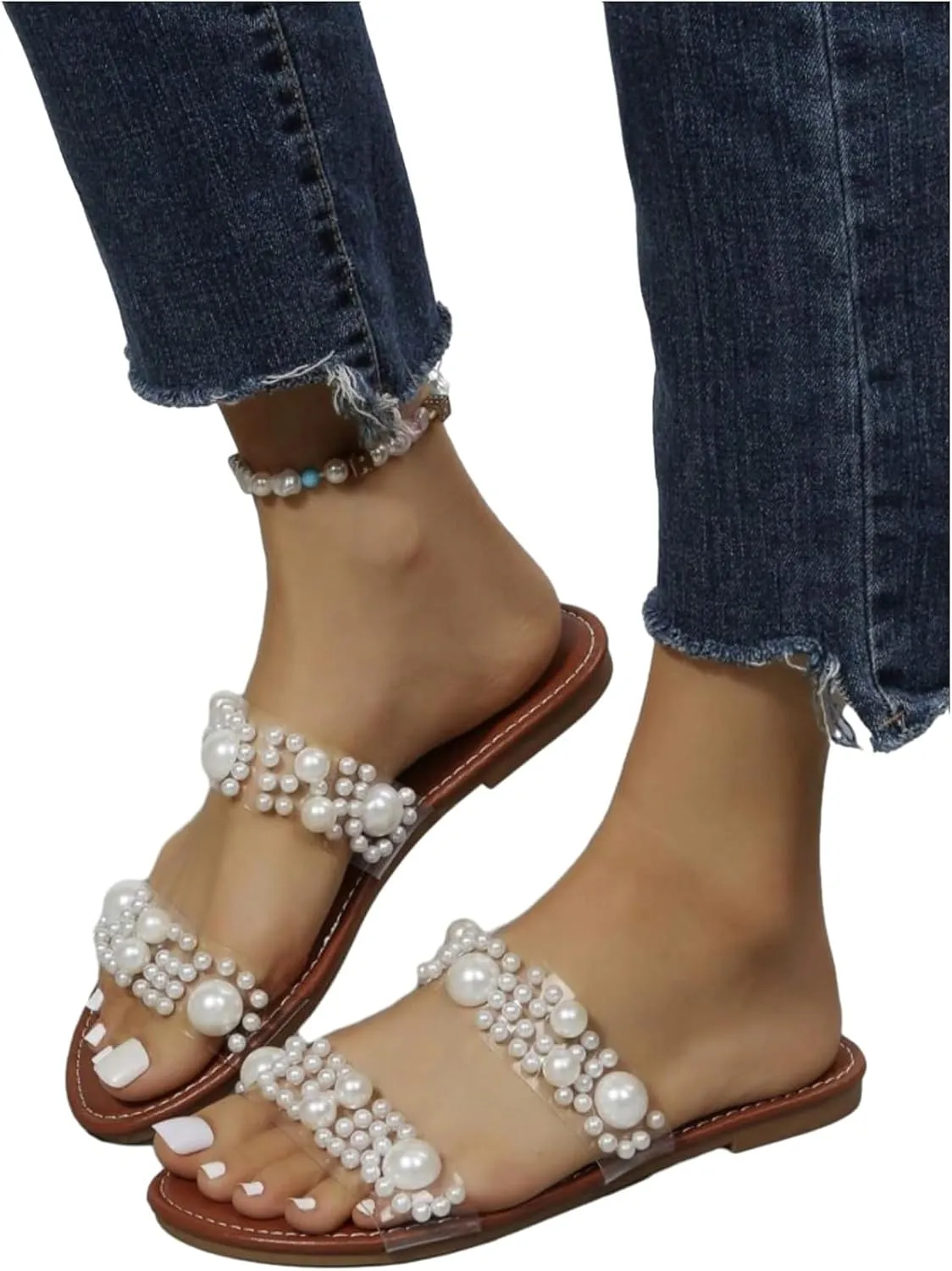 Verdusa Women's Pearls Clear Flat Sandals Open Toe Slip On Slides