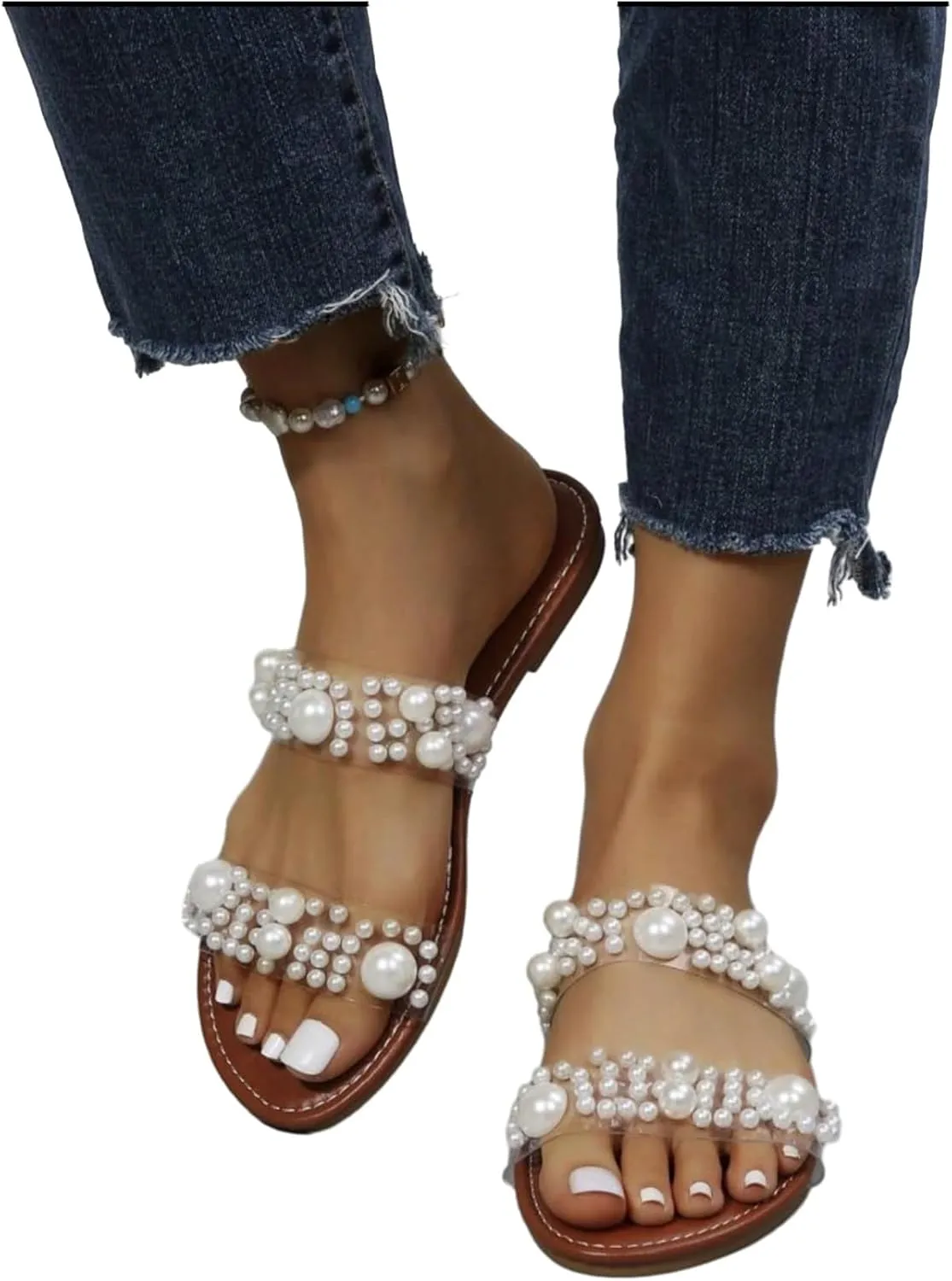Verdusa Women's Pearls Clear Flat Sandals Open Toe Slip On Slides