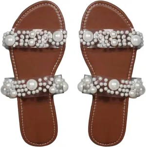 Verdusa Women's Pearls Clear Flat Sandals Open Toe Slip On Slides